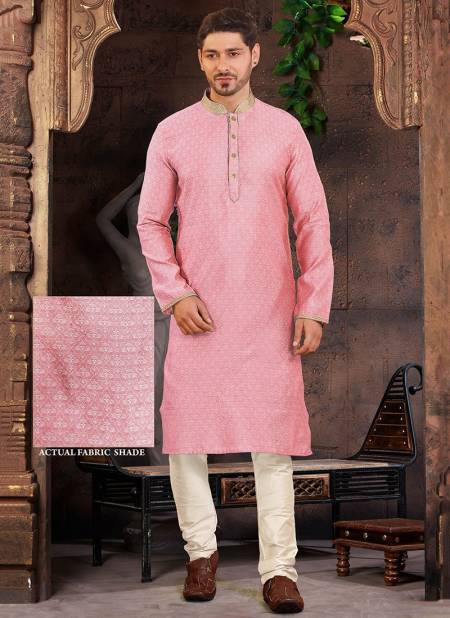 Light Pink Colour Fancy Festive Wear Poly Jacquard Digital Printed Kurta Pajama Mens Collection FR-KP 6